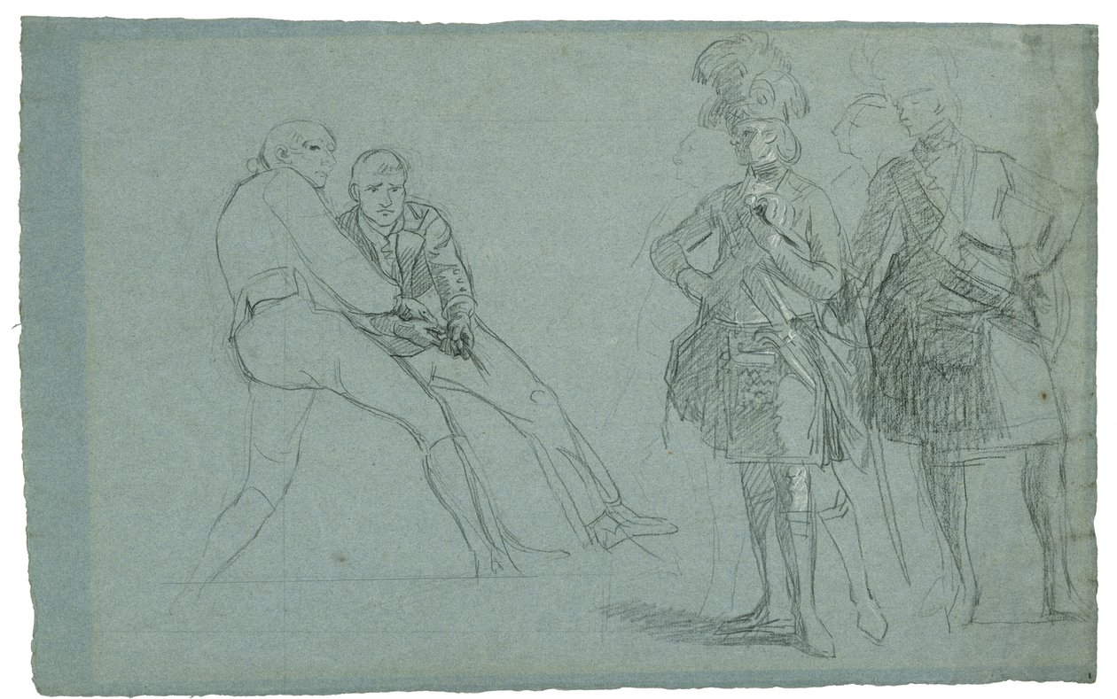 Studie k obléhání Gibraltaru (Studie podplukovníka Lindsaye a postavy táhnoucí za provaz), c. 1786-1787 (graftie a černobílá křída na šedomodrém papíře) od Daniel Mytens
