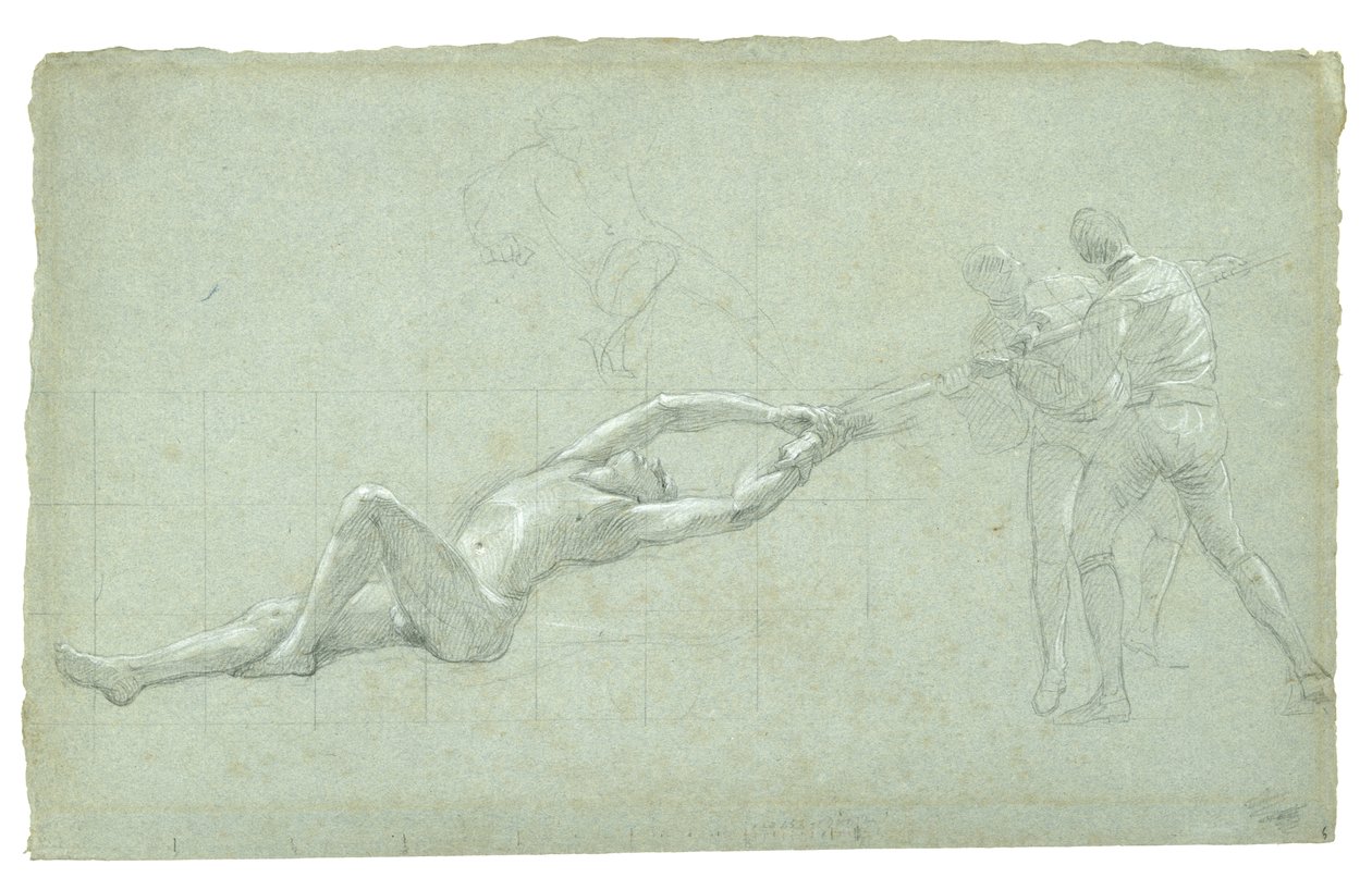 Study for The Siege of Gibraltar (Studie zachráněné postavy a dvou postav táhnoucích na vesle), 1785-1786 (černobílá křída na šedozeleném papíře) od Daniel Mytens