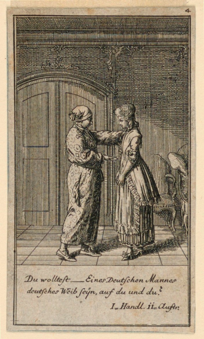 Otec nebo opatrovník mluví s dívkou, ilustrace hry „Ne více než sachs Schuesseln“ od Fredricha Wilhelma Grossmana v „Königl: Grosbrit [anian] genealogický kalendář na rok 1782 Lauenberg od J. G. Berenberga“ od Daniel Nikolaus Chodowiecki