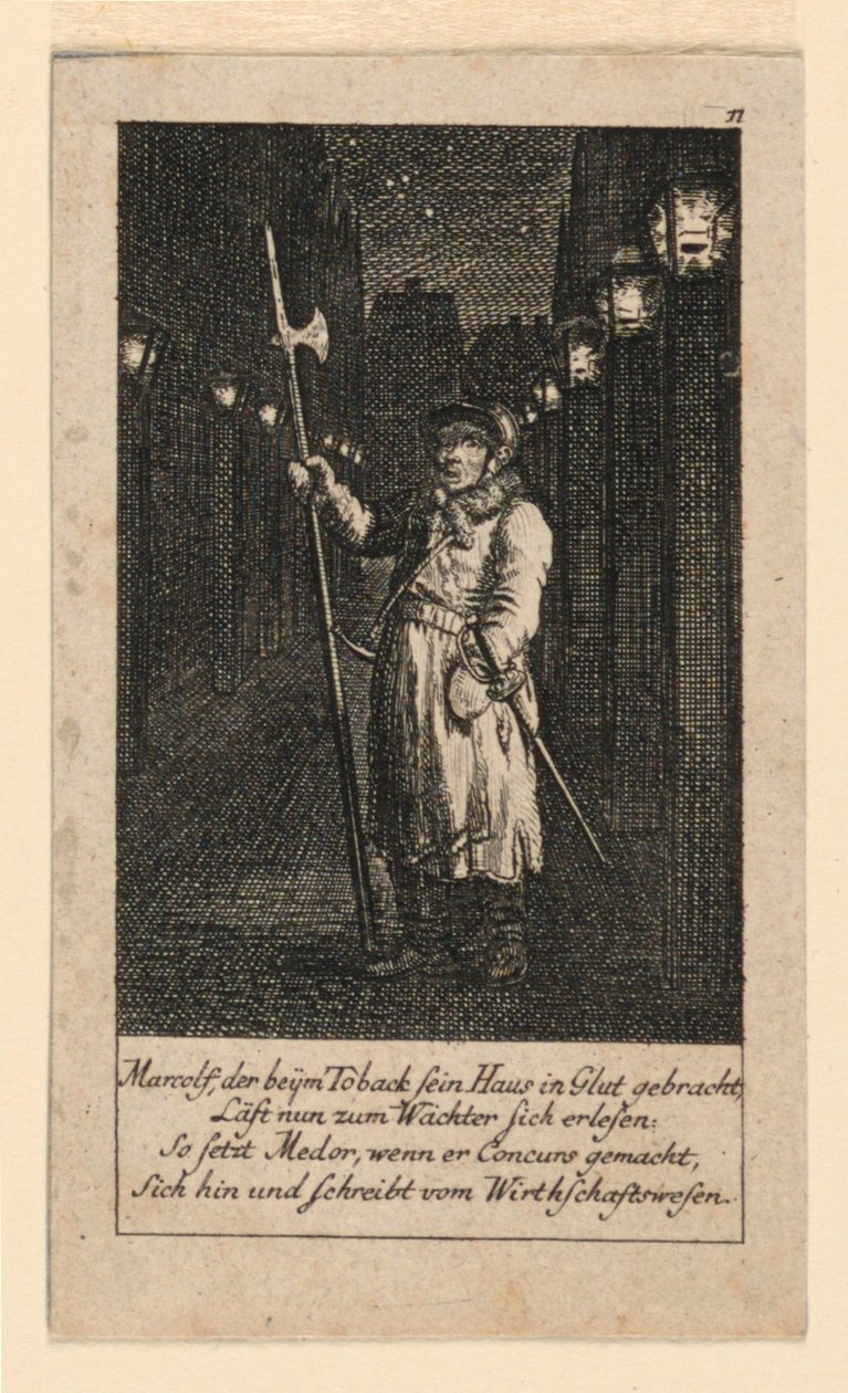Noční hlídač, ilustrace pro "Königl: Grosbrit [anian] genealogický kalendář pro rok 1780 Lauenberg od J.G. Berenberga" od Daniel Nikolaus Chodowiecki