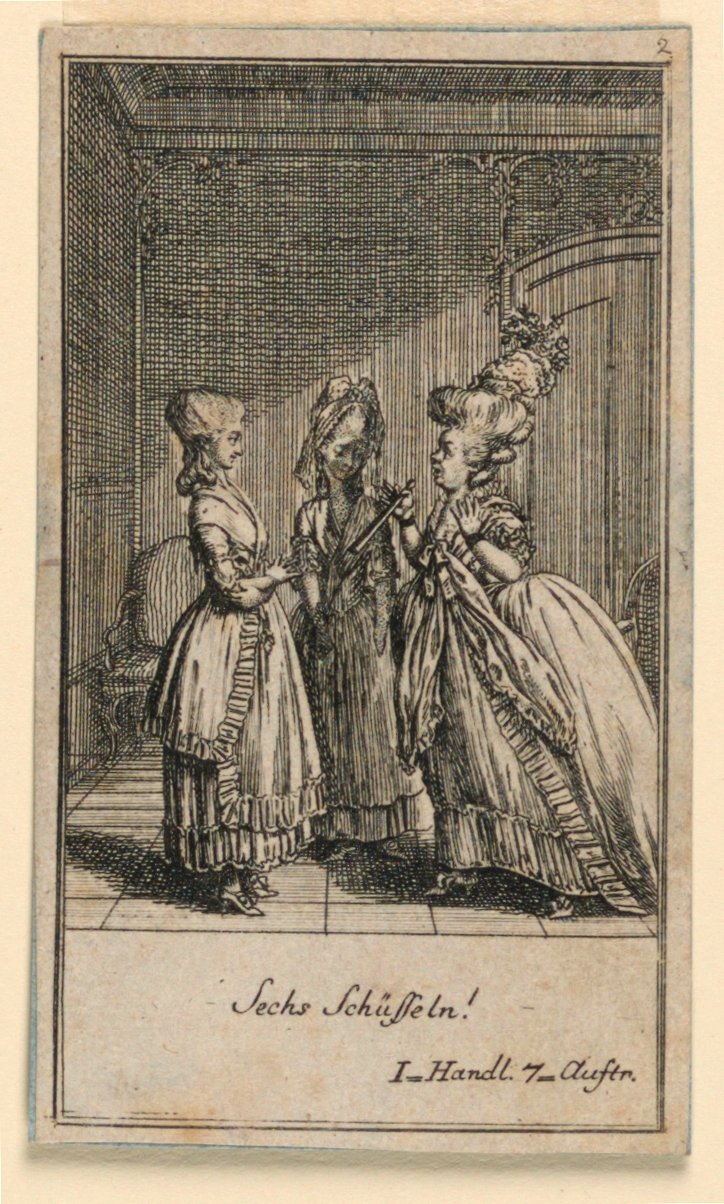 Starší žena plísní dívku, ilustrace hry „Ne více než sachs Schuesseln“ od Fredricha Wilhelma Grossmana v „Königl: Grosbrit [anian] genealogický kalendář na rok 1782 Lauenberg od J. G. Berenberga“ od Daniel Nikolaus Chodowiecki