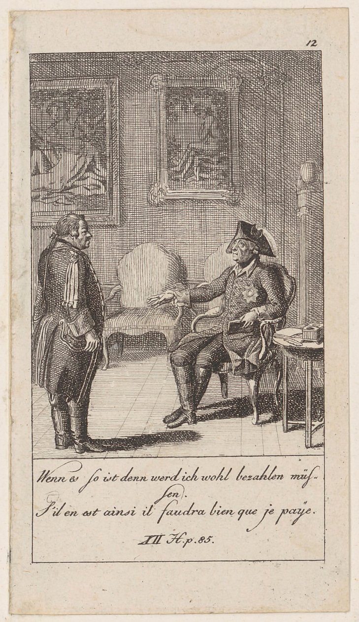 Tabule 12 k dílu „Anekdoty a charakterové rysy Fridricha II., krále pruského“ od Daniel Nikolaus Chodowiecki
