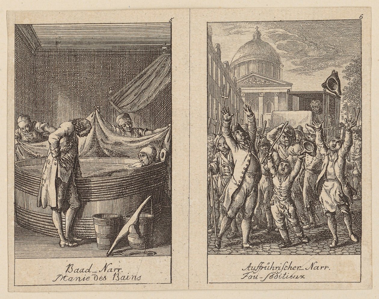 Listy 5 a 6 z díla „Centifolium Stultorum“, Bláznovství od Daniel Nikolaus Chodowiecki
