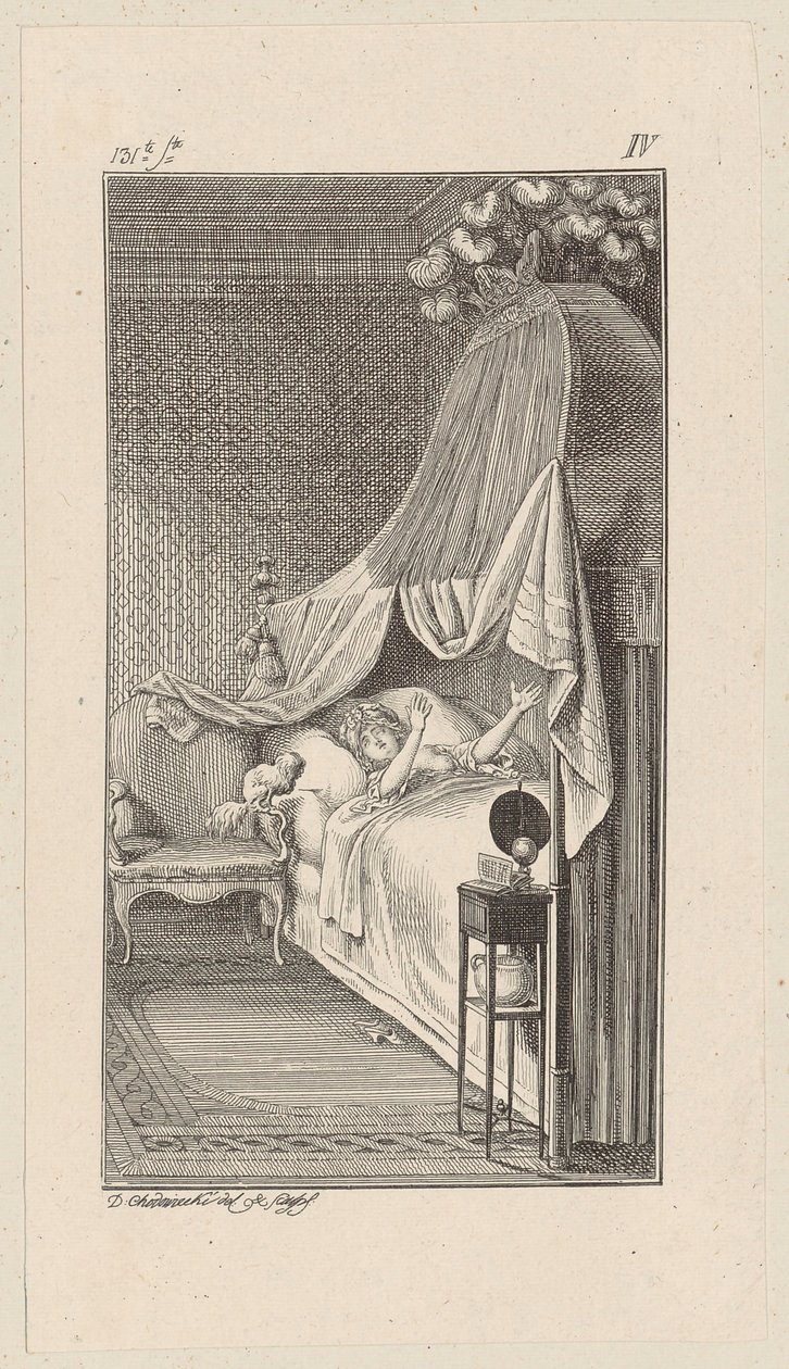 César chce skočit na postel spící lady Charlotte od Daniel Nikolaus Chodowiecki