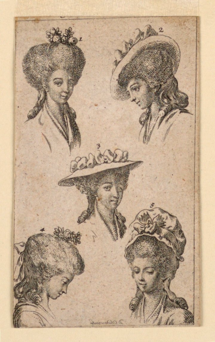 Pět pokrývek hlavy, jak je nosí berlínské ženy, ilustrace pro "Königl: Grosbritský [anovský] genealogický kalendář na rok 1783 Lauenberg od J.G. Berenberga" od Daniel Nikolaus Chodowiecki