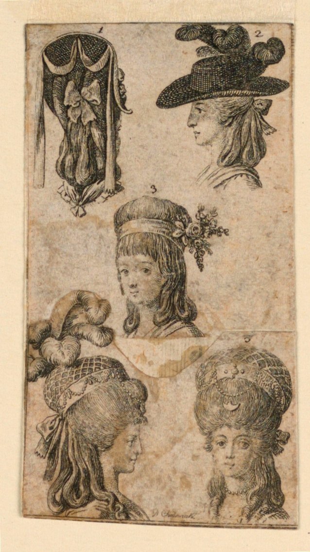Pět pokrývek hlavy pro ženy, dva fragmenty ilustrací pro "Königl: Grosbritský [anian] genealogický kalendář na rok 1781 Lauenberg od J.G. Berenberga" od Daniel Nikolaus Chodowiecki