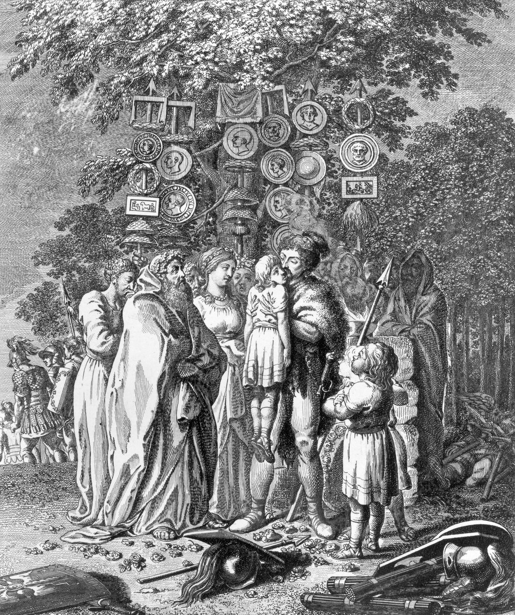 Hermann, stojící před velkým dubem, zvedá zraněného obětního chlapce a líbá ho. List 1 z díla „Kleinův život velkých Němců“, 1. svazek od Daniel Nikolaus Chodowiecki