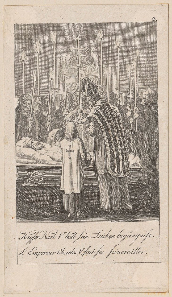 Císař Karel V. pořádá svůj vlastní pohřeb, deska 4 ze série „Starověké, středověké a novodobé dějiny“ od Daniel Nikolaus Chodowiecki