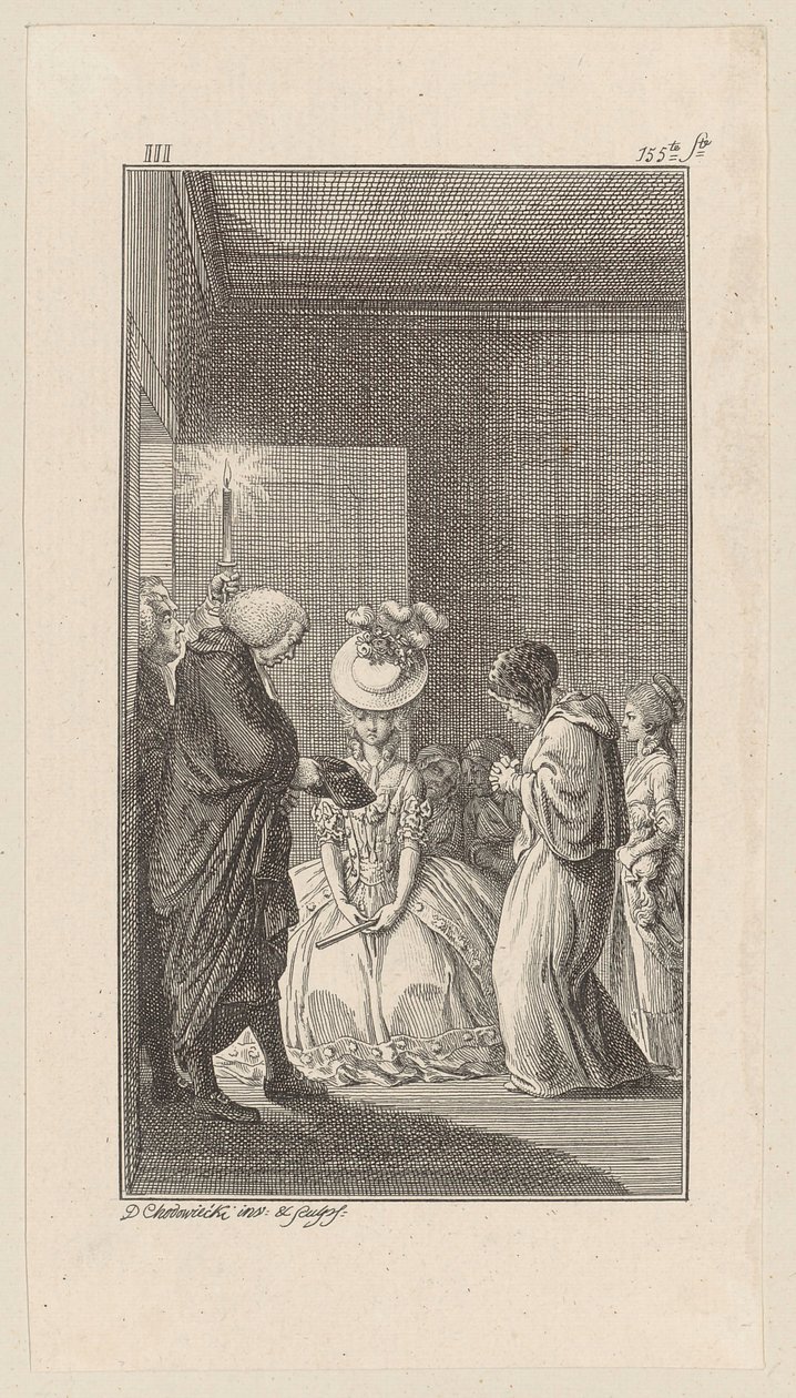 Vstupují lady Vincentová, lady Brunková, Whitefield a kněz od Daniel Nikolaus Chodowiecki