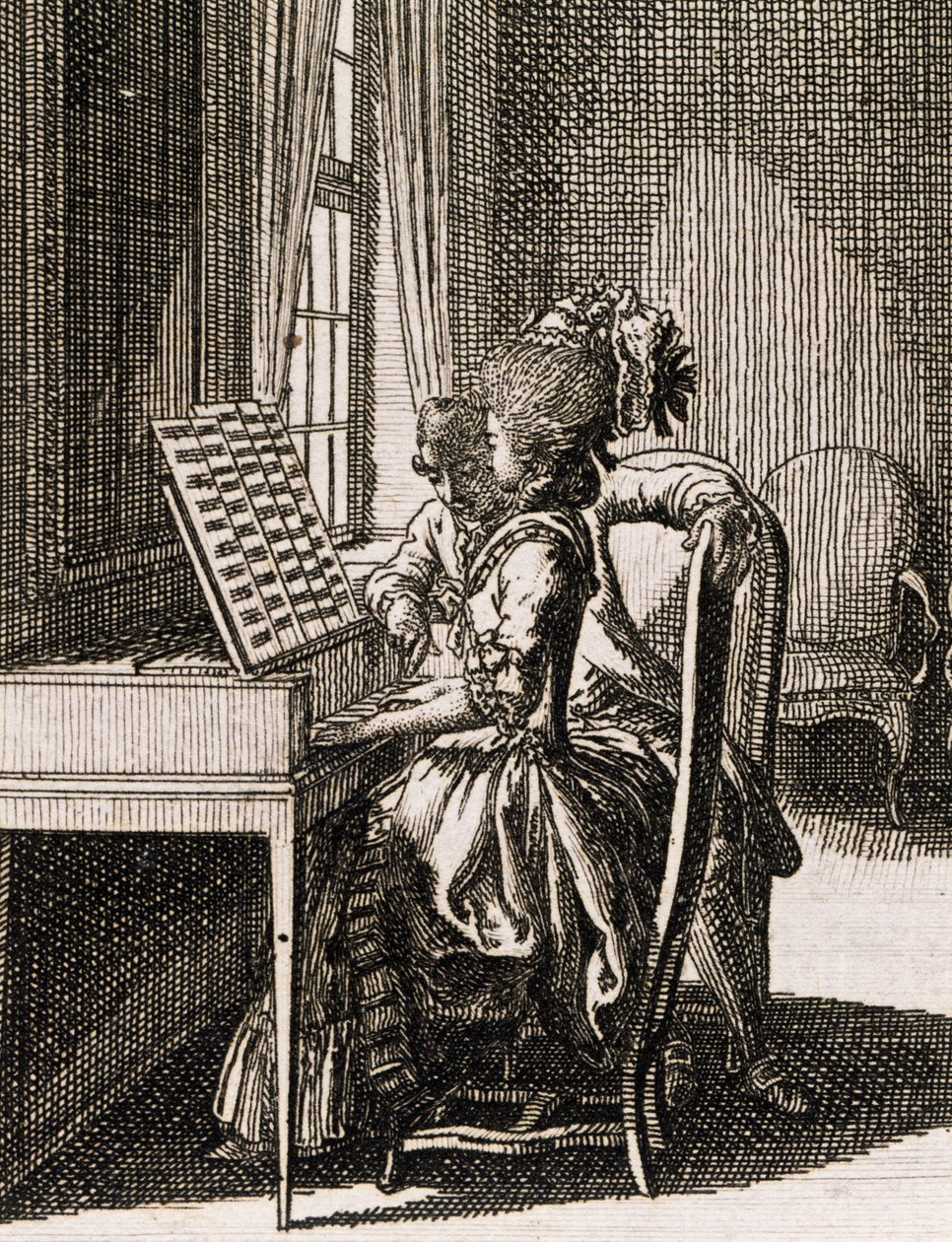 Hudba, žena hrající na spinet, Daniel Nikolaus Chodowiecki (1726-1801), z Occupations des dames, Německo, Polsko od Daniel Nikolaus Chodowiecki