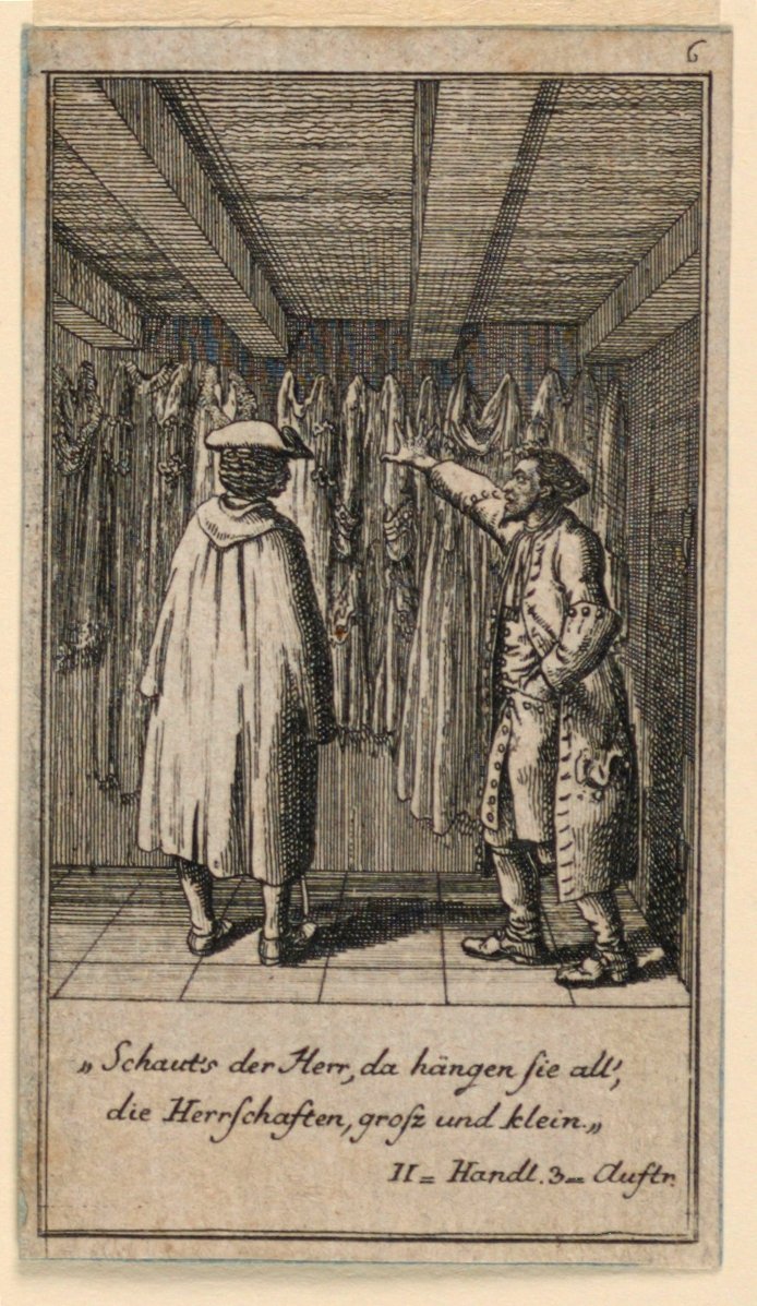 Prodejce kostýmů, ilustrace hry „Ne více než sachs Schuesseln“ od Fredricha Wilhelma Grossmana v „Königl: Grosbrit [aniánský] genealogický kalendář pro rok 1782 Lauenberg od J. G. Berenberga“ od Daniel Nikolaus Chodowiecki