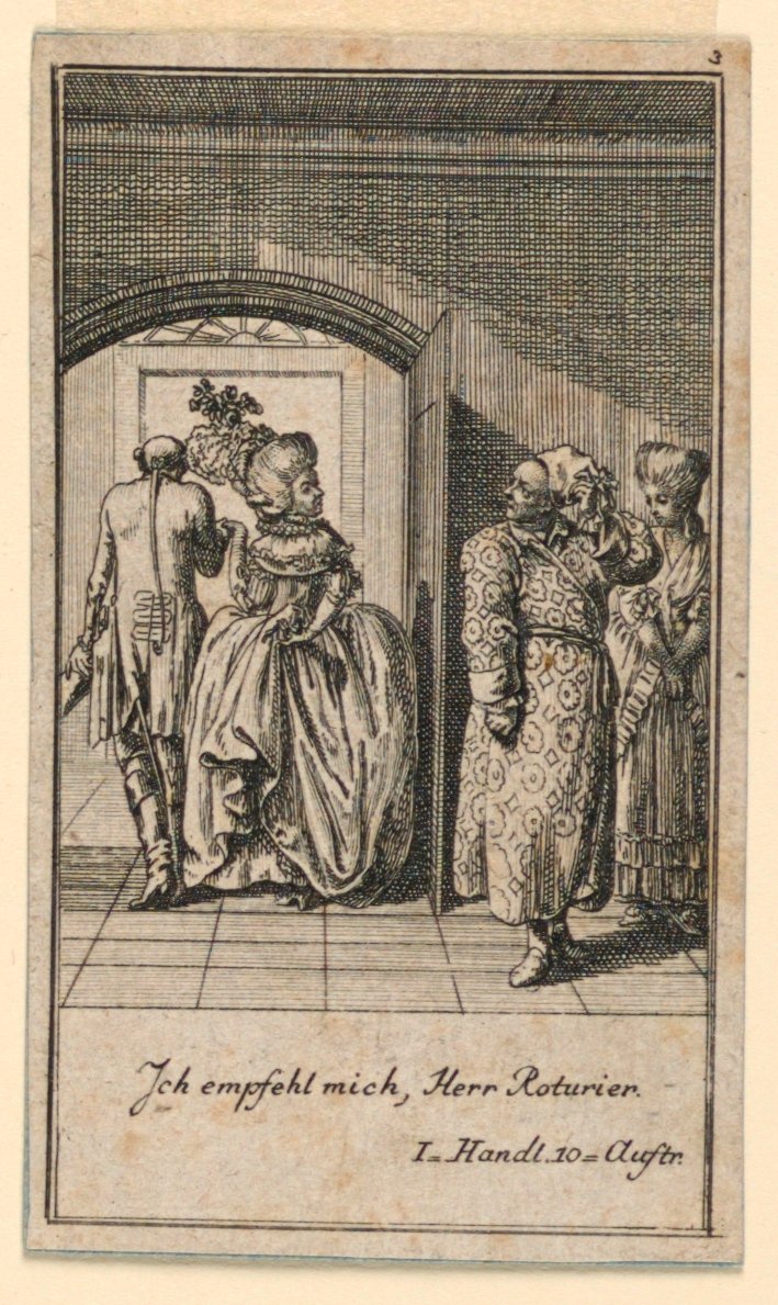 Starší pár povýšeně končí návštěvu, ilustrace hry „Ne více než sachs Schuesseln“ od Fredricha Wilhelma Grossmana v „Königl: Grosbrit [nische] genealogický kalendář na rok 1782 v Lauenbergu od J. G. Berenberga“ od Daniel Nikolaus Chodowiecki