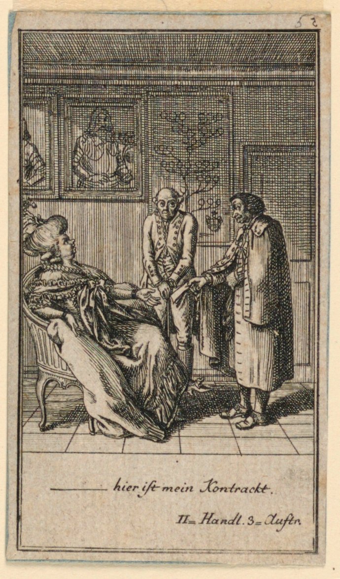 Starší žena si najímá muže, ilustrace hry „Ne více než sachs Schuesseln“ od Fredricha Wilhelma Grossmana v „Königl: Grosbrit [anian] genealogický kalendář na rok 1782 Lauenberg od J. G. Berenberga“ od Daniel Nikolaus Chodowiecki