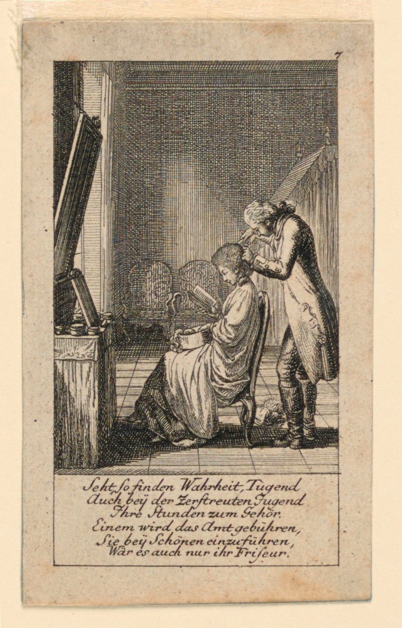 The Hair-Do, ilustrace pro "Königl: Grosbrit [anian] genealogický kalendář pro rok 1780 Lauenberg od J.G. Berenberga" od Daniel Nikolaus Chodowiecki