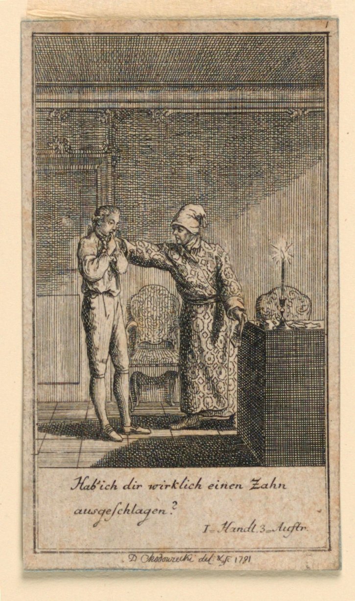 Úder do tváře, ilustrace hry „Ne více než sachs Schuesseln“ od Fredricha Wilhelma Grossmana v „Königl: Grosbritský [anian] genealogický kalendář na rok 1782 Lauenberg od J. G. Berenberga“ od Daniel Nikolaus Chodowiecki