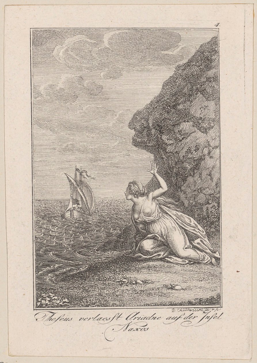 Theseus opouští Ariadnu na ostrově Naxos, list 4 z Beckerova díla „Theseus“ od Daniel Nikolaus Chodowiecki