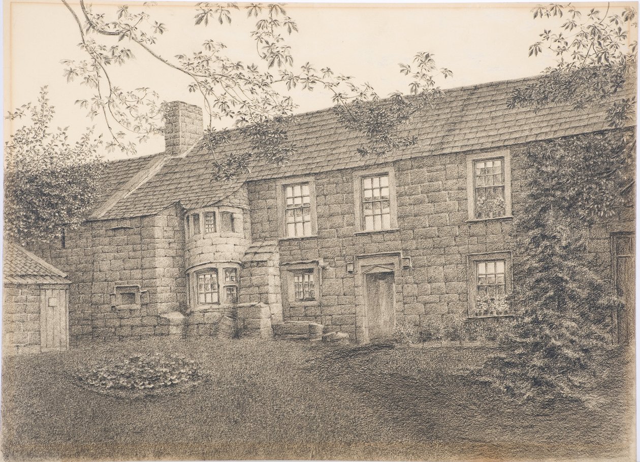 Old House at Corby, Northumberland, cca 1916 (uhlí na kartě) od Daniel Oliver