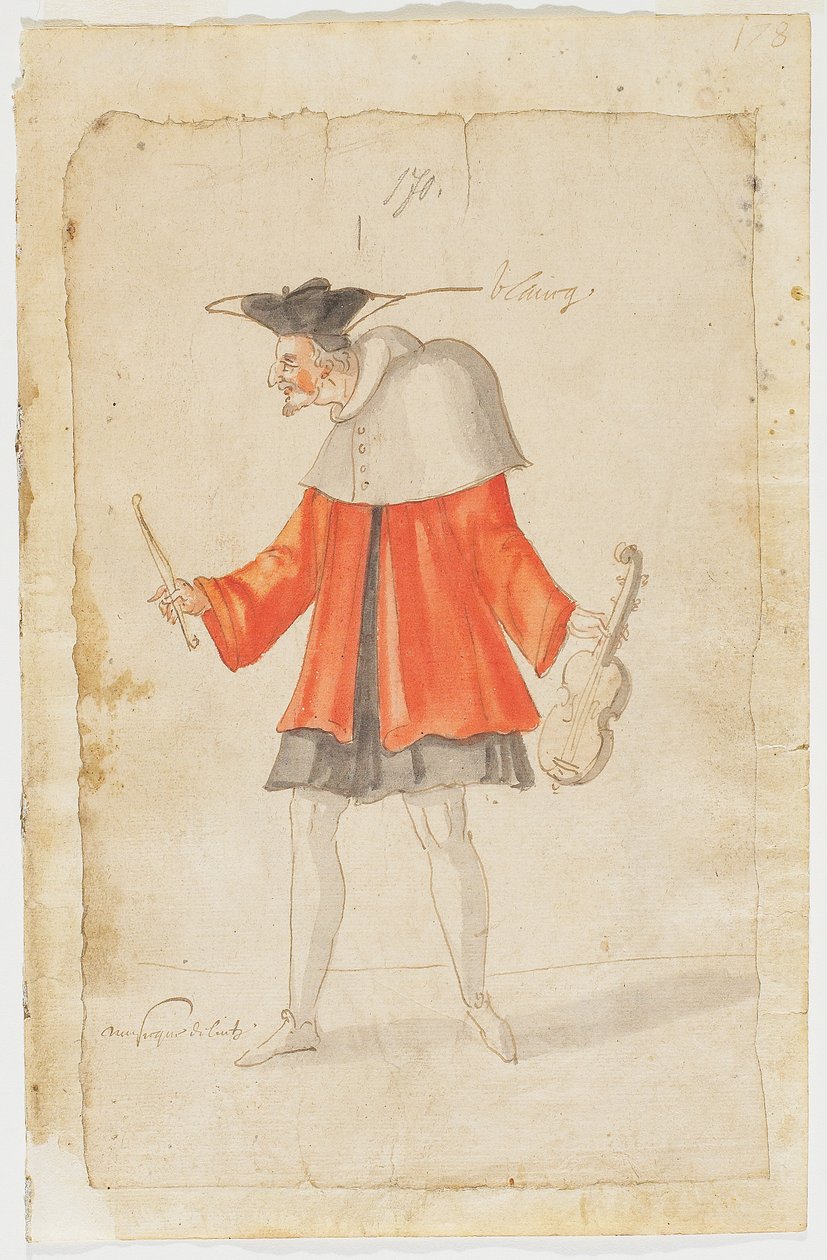 Hudebník z Ballet du Serieux et du Grotesque, 1627 (hnědý inkoust a wc na potištěném papíře) od Daniel Rabel