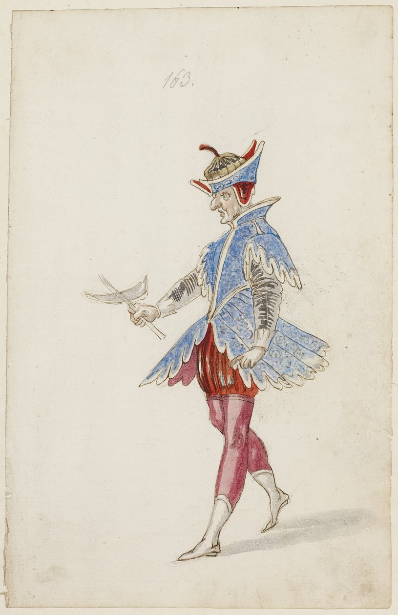 Mužská postava v modročerveném kostýmu z Ballet des quatre saisons de lAnnee, 1626 (hnědý inkoust, wc a metalická barva přes podkresbu černou křídou na položený papír) od Daniel Rabel