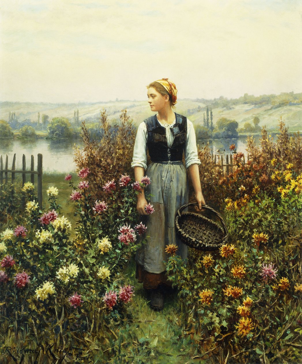 Dívka s košíkem v zahradě, od Daniel Ridgway Knight