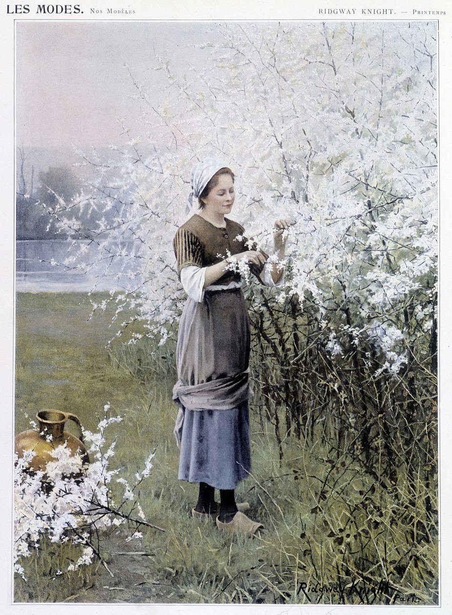 Jaro: Žena sbírá květiny - nemocná. od R. Knighta, c. 1905 od Daniel Ridgway Knight