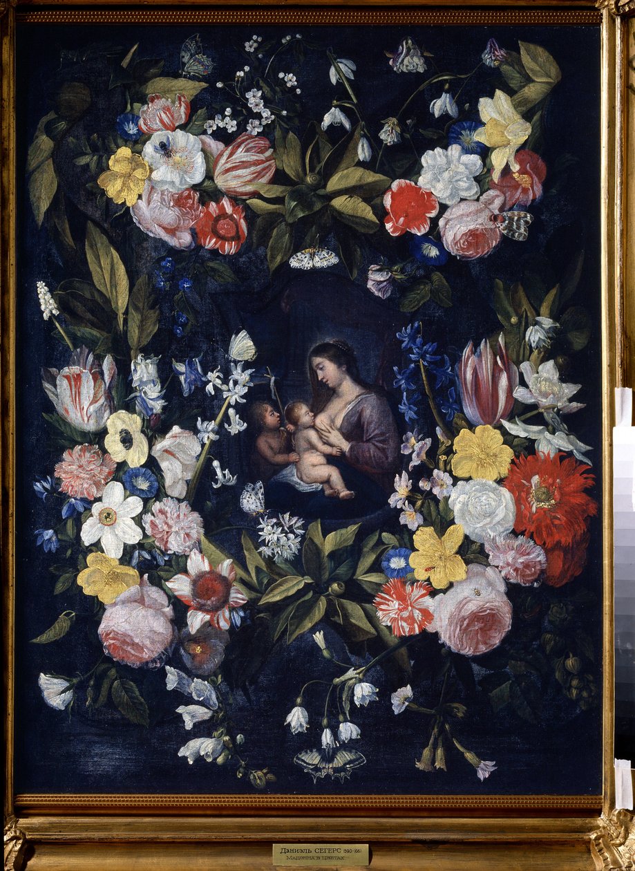 Věnec z květin s Madonnou a dítětem (Floral Wreath with Madonna and Child). Obraz Daniela Segherse (1590-1661). Olej na plátně, 82 x 64 cm. Vlámské umění, barokní umění. Státní muzeum umění, Tula (nebo Tolan). od Daniel Seghers