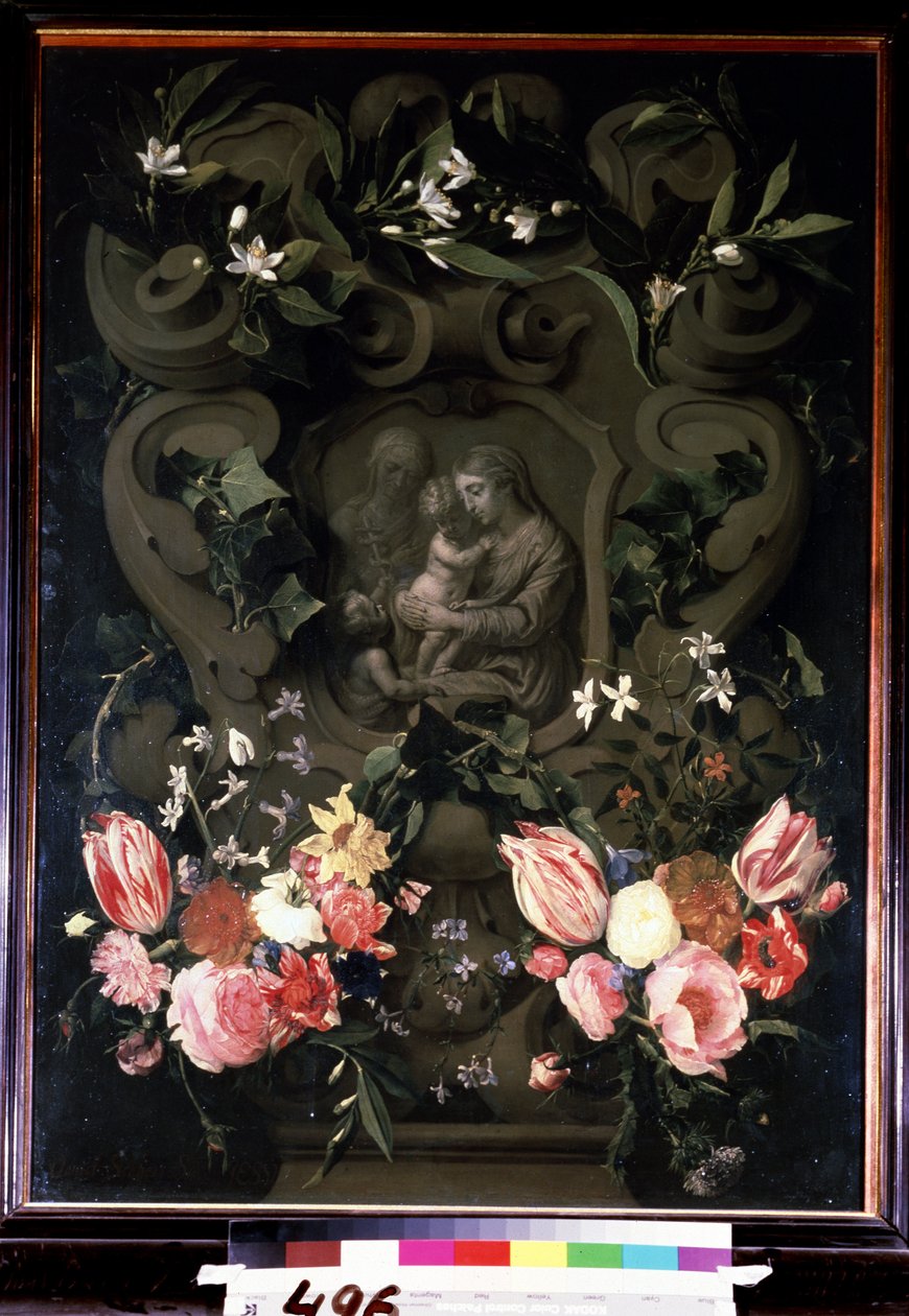Madonna a dítě, svatá Alžběta a Jan Křtitel jako dítě v květinové girlandě. Obraz Daniela Segherse (1590-1661). Olej na mědi, 84 x 61 cm od Daniel Seghers