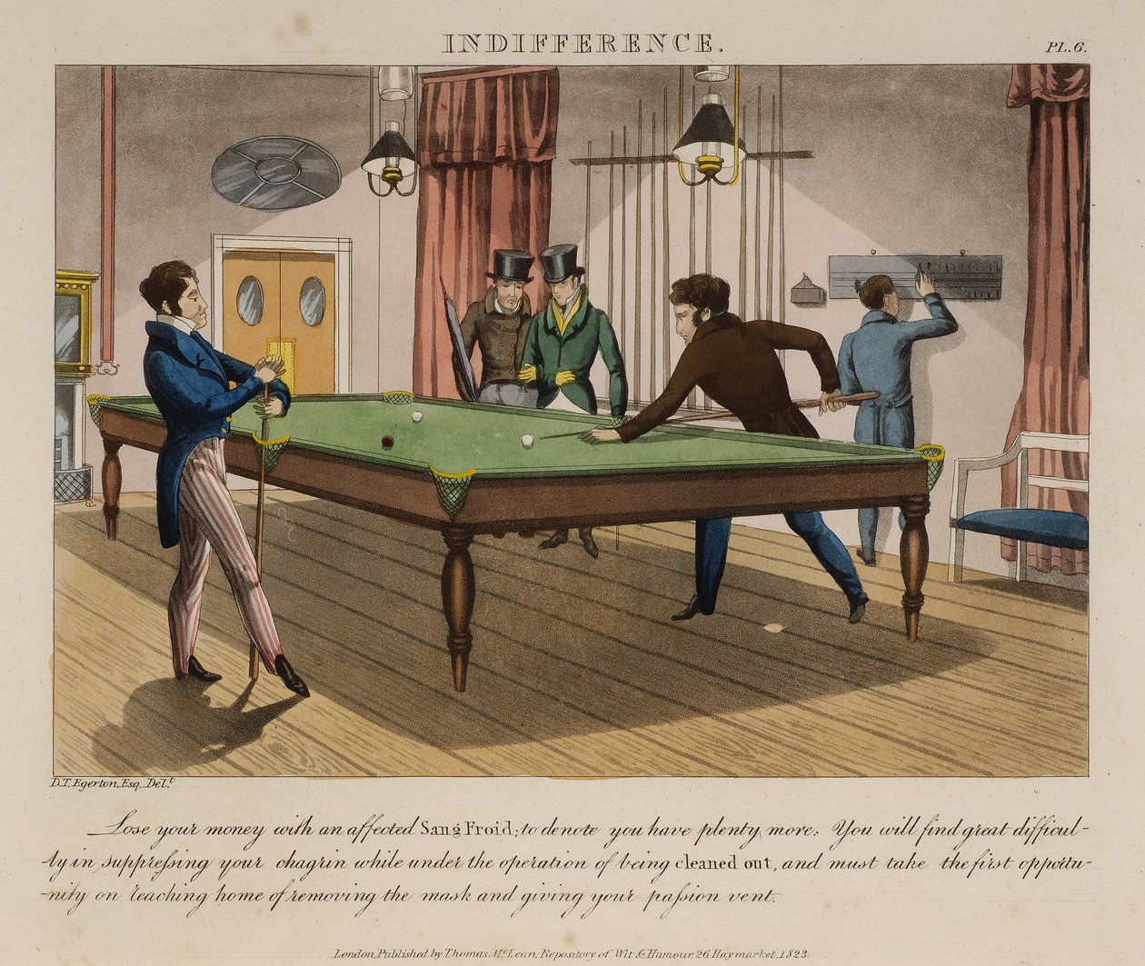 Lhostejnost, deska 6 z „Necessary Qualifications of a Man of Fashion“, vydané Thomasem McLeanem v roce 1823 (barevná akvatinta) od Daniel Thomas Egerton
