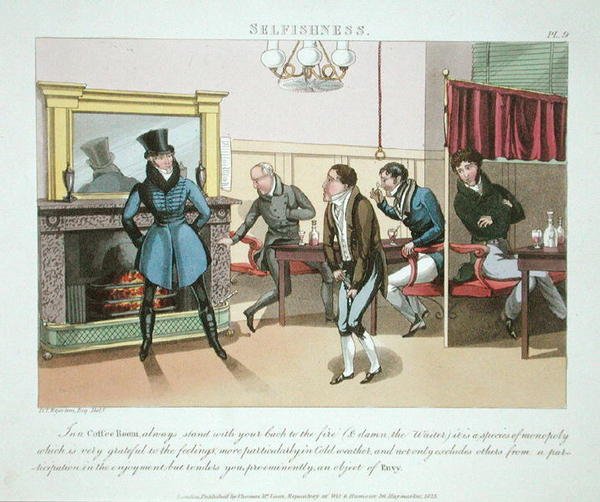Sobeckost, deska 9 z knihy "The Necessary Qualifications of a Man of Fashion", vydané roku 1823 (ručně kolorovaná akvatinta) od Daniel Thomas Egerton