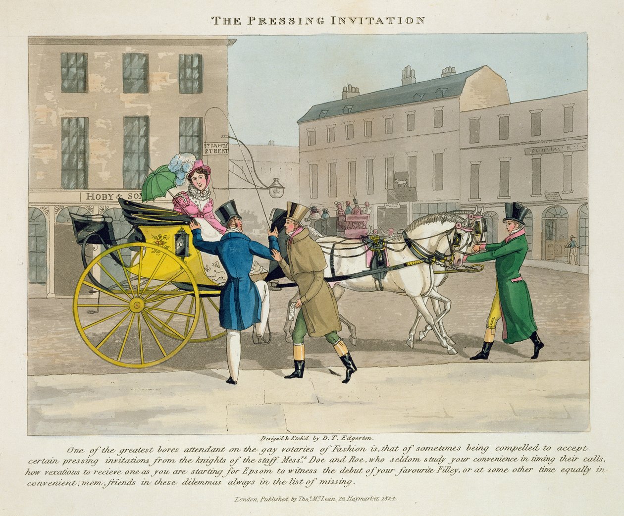 The Pressing Invitation, z „Fashionable Bores, or Coolers in High Life, Peter Quiz“, vydané v roce 1824 (ručně kolorovaná akvatinta) od Daniel Thomas Egerton