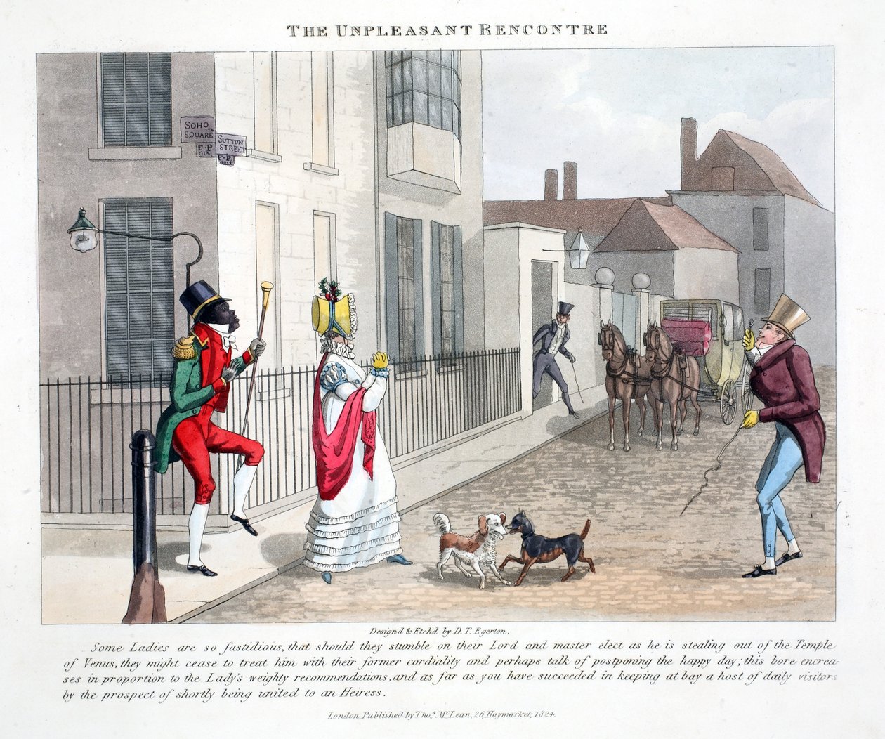 The Unpleasant Rencontre, ilustrace z knihy "Fashionable Bores or Coolers in High Life" od Petera Quize, vyd. Thomas McLean, Londýn 1824 (ručně kolorovaná rytina). od Daniel Thomas Egerton