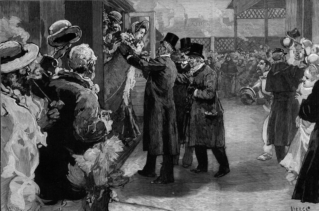 Louise Michel se vrátil do Francie (1830-1905) po jeho deportaci za jeho účast v Pařížské komuně. Na stanici Saint Lazare (Saint-Lazare) jej přivítali Henri Rochefort (1831-1913), Louis Blanc (181-1882) a George Clemenceau (1841-1929). od Daniel Urrabieta Vierge