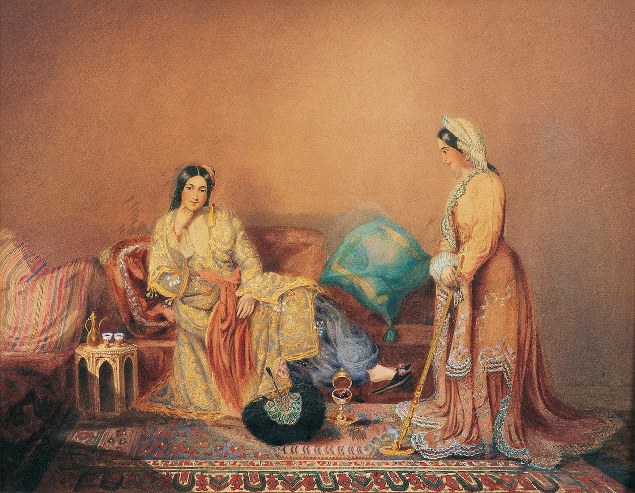 Dames Phanariotes (populace bohatých obchodníků řeckého původu, žijící v konstantinopolské čtvrti Phanar) (Phanariot Greek Ladies) - Malba Daniel Valentine Riviere (1780-1854), kombinovaná technika na dřevěné desce, polovina 19. století, 38x od Daniel Valentine Rivière