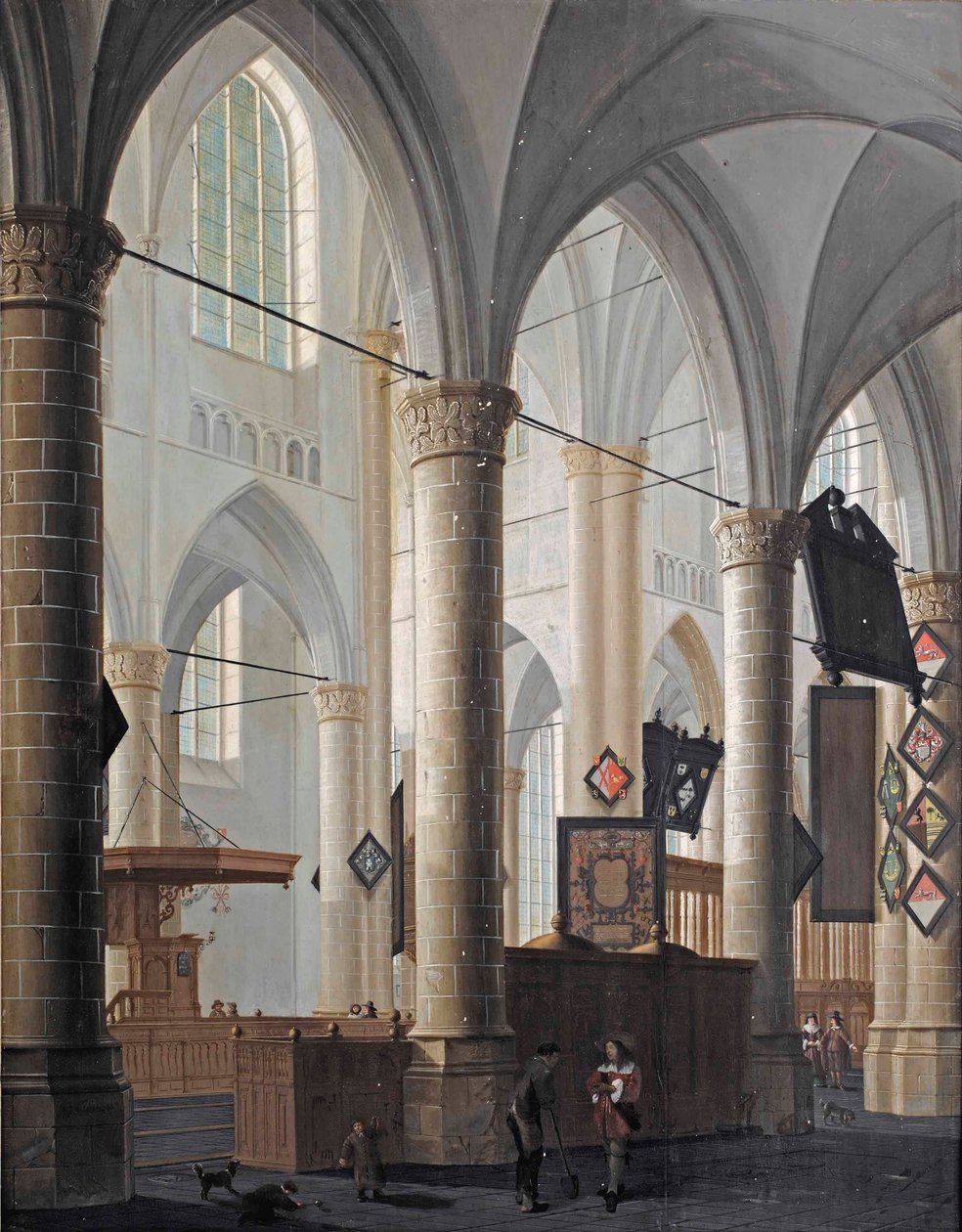 Interiér Grote Kerk v Dordrechtu, s postavami konverzujícími a hrajícími si dětmi od Daniel de Blieck