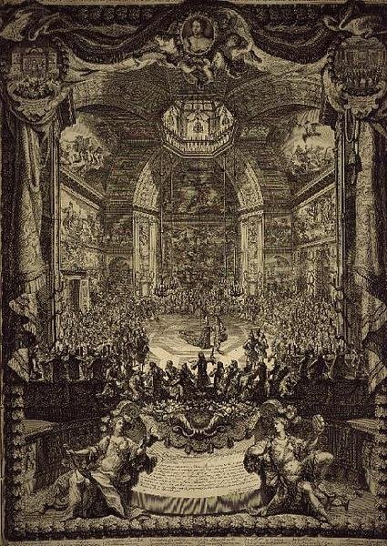 Velký svátek H.R.H. princezna Oranžská, slavená v prosinci 1686 v Salon du Bois v Haagu, na počest narozenin prince Oranžského (rytina) od Daniel the Elder Marot