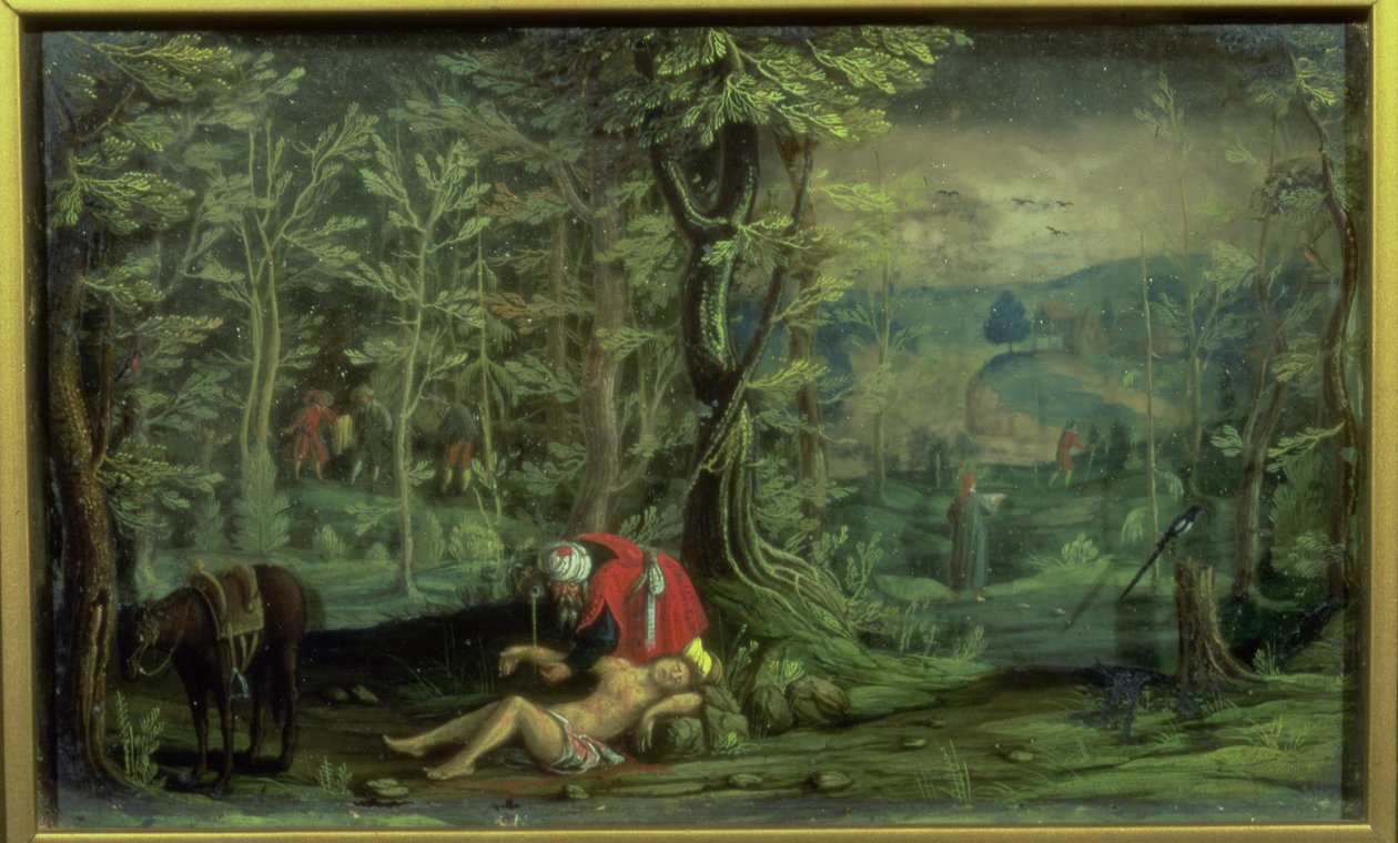 Dobrý Samaritán (olej na skle a slídě) od Daniel the Younger Bretschneider