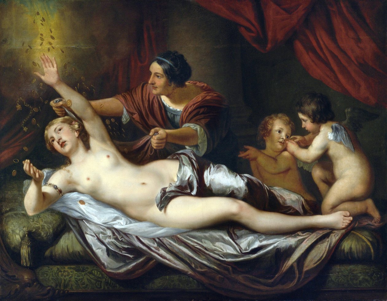 Danae par Mytens (Mijtens), Daniel mladší (1644-1688). Olej na plátně, rozměr : 143x183,5, druhá polovina 17. stol., soukromá sbírka od Daniel the Younger Mytens or Mijtens