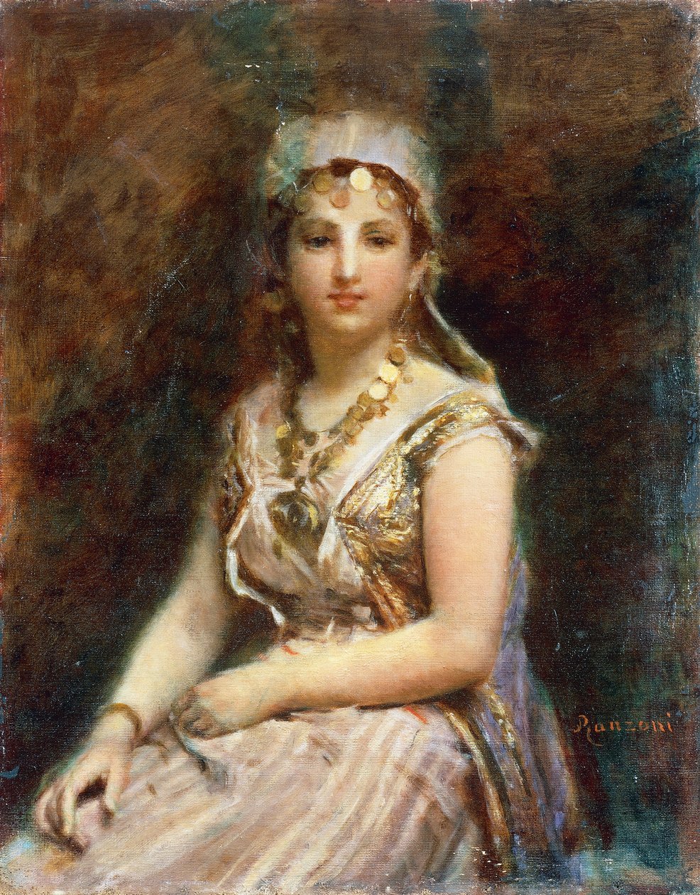Sedící ženská postava, Daniele Ranzoni (1843-1889), olej na plátně, 57,5x46 cm od Danielle Ranzoni