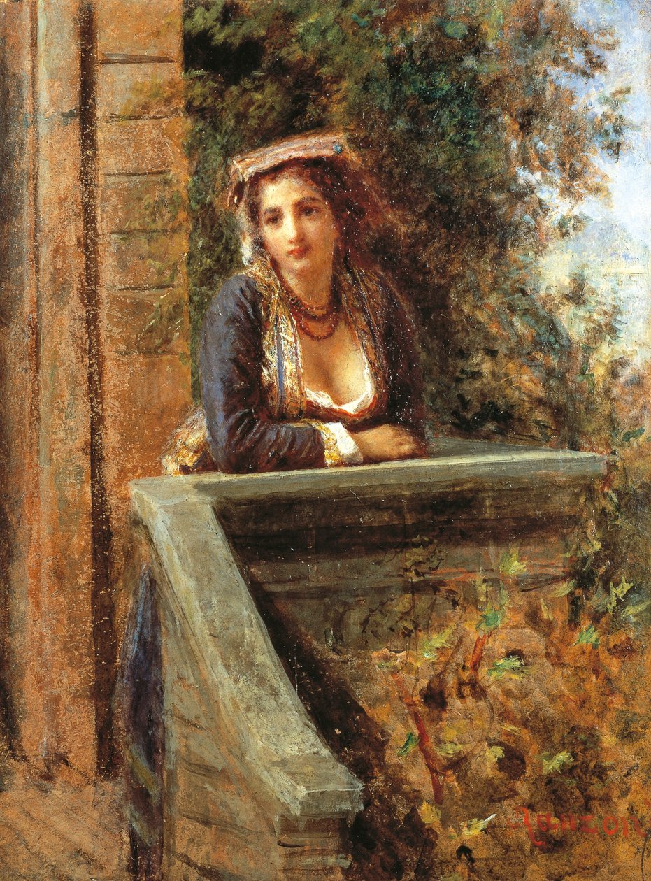 Mladá dívka u okna nebo mladá žena na balkóně, Daniele Ranzoni (1843-1889), olej na papíře připevněné na dřevě, 44x33 cm od Danielle Ranzoni