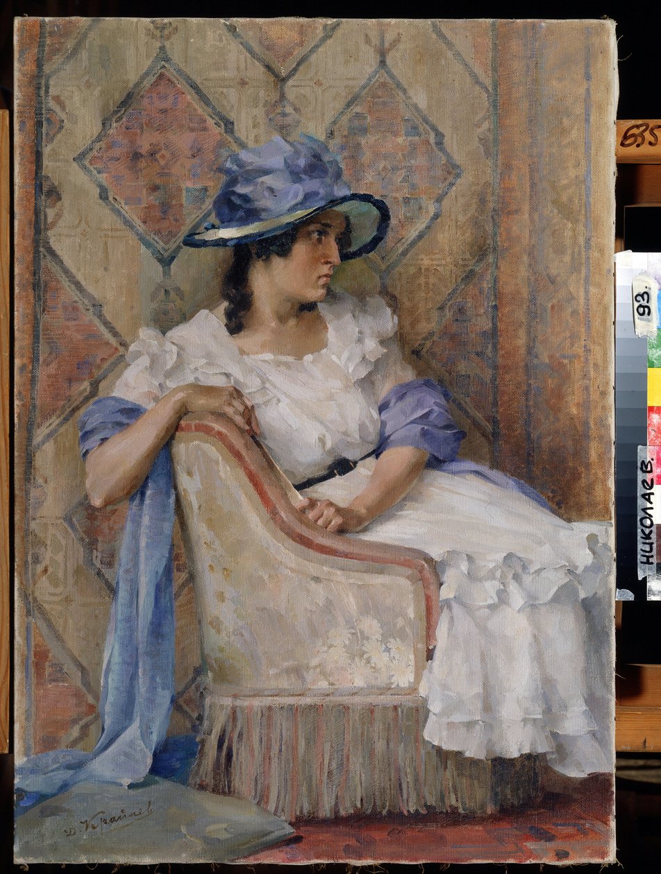Žena v bílém (dáma v bílém). Obraz Danilla Karpoviče Krayneva (1872-1949), olej na plátně, moderní ruské umění, konec 19.-začátek 20. století. Regionální muzeum umění W. Wereshchagina, Mykolajiv (Ukrajina). od Danil Karpovich Kraynev