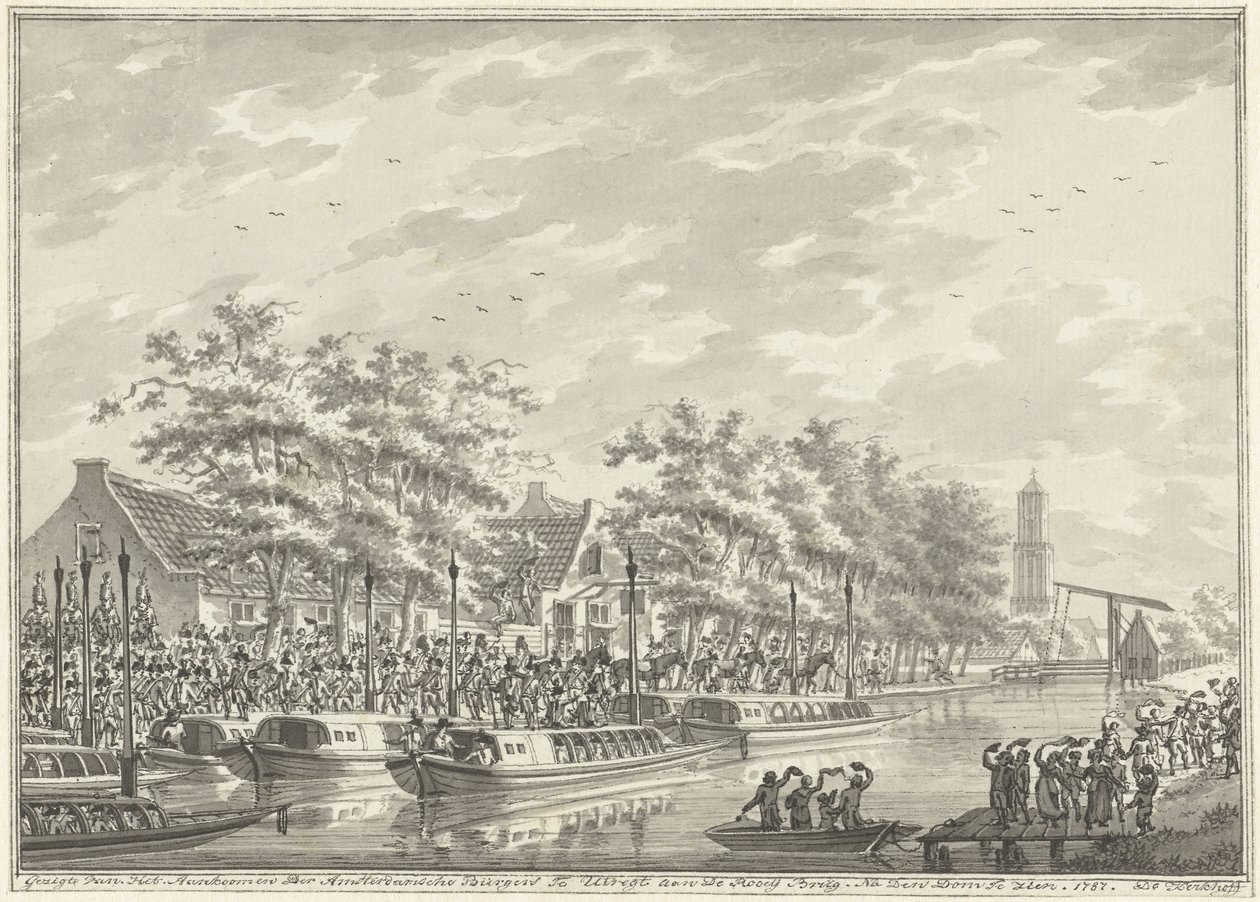 Příjezd Amsterdammerů do Utrechtu, 1787 Pohled Na Příjezd Amsterdamských Občanů Na Utregt V De Rooy Brug. Po Den Dom vidět. 1787. (název na předmětu) od Daniël Kerkhoff