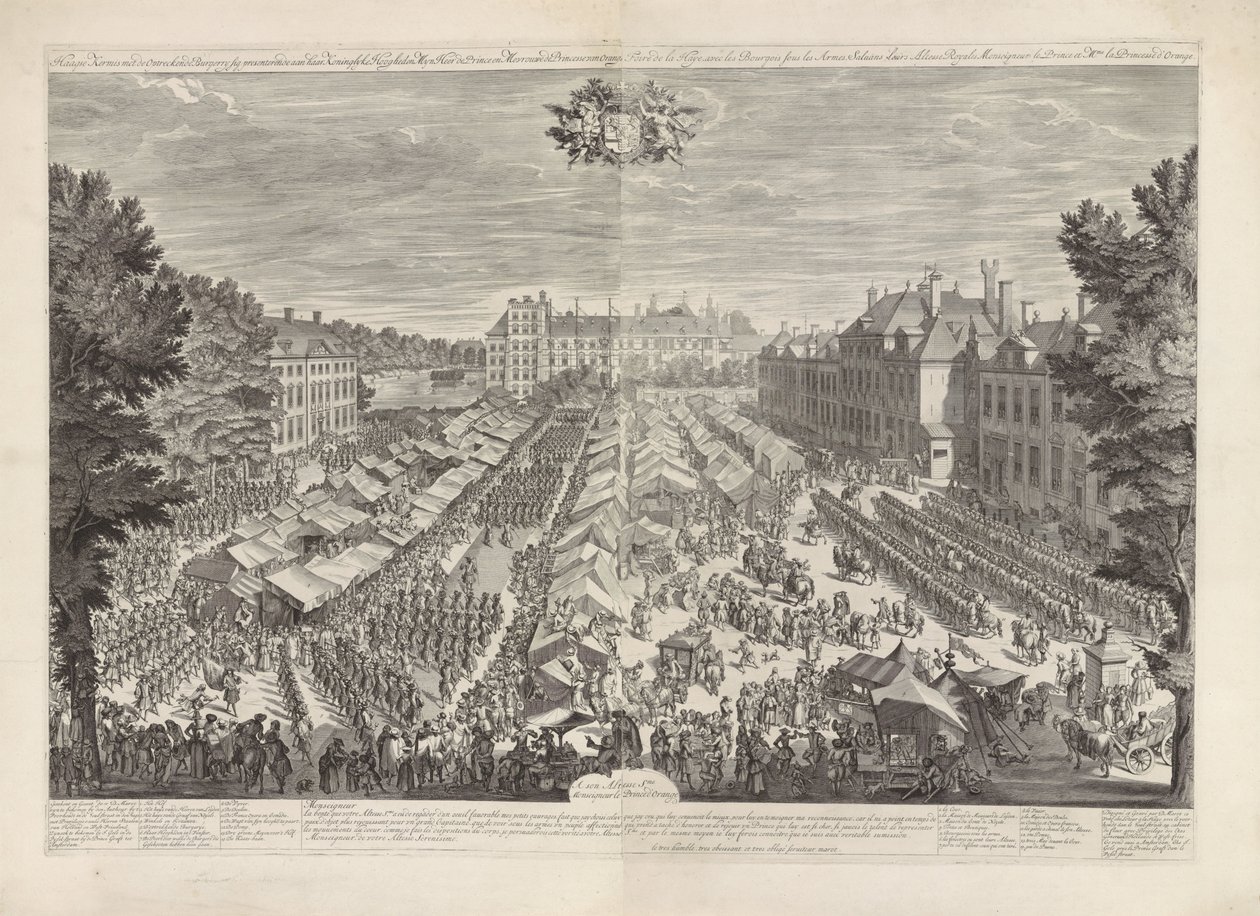 Haagský veletrh s princem a princeznou z Orange, 1686 Haagský veletrh se stoupajícím burgerem, který svým královským výsostem představuje mého pána prince a madam princeznu z Orange / Foire de la Haye, avec les bourgois sous les armes, sa od Daniël Marot (I)