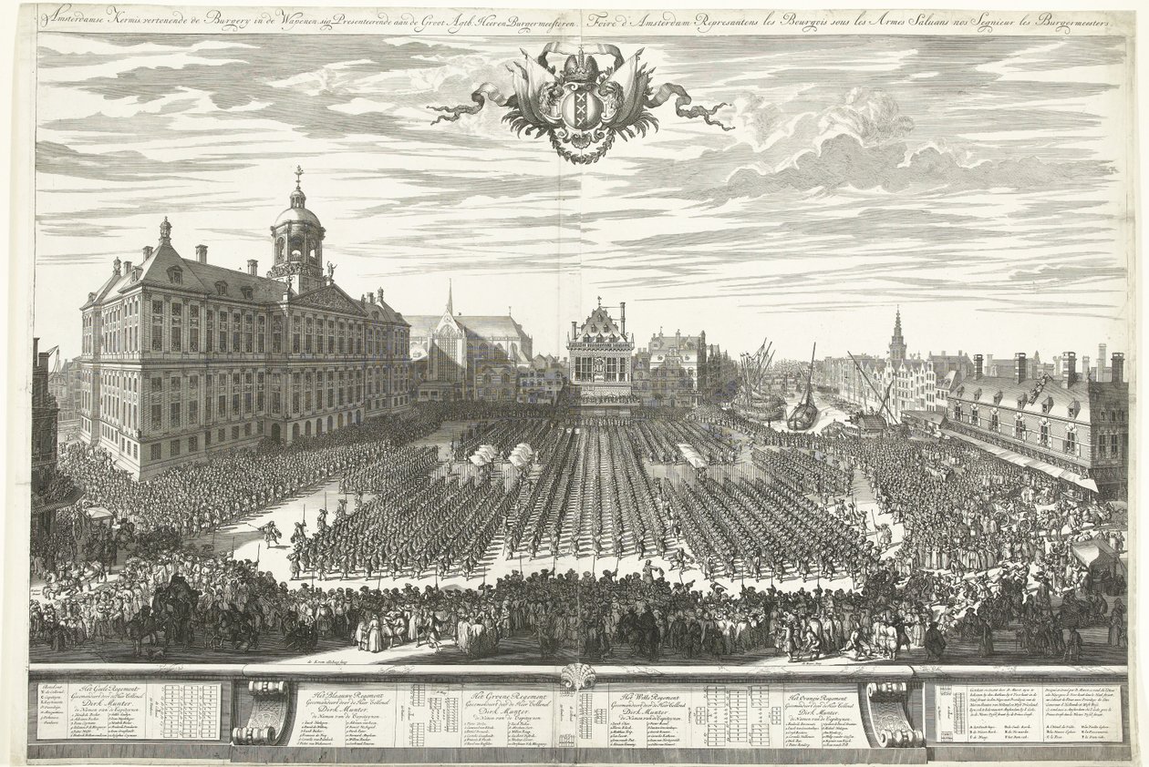 Ozbrojenci na náměstí Dam během amsterdamského veletrhu, 1686 Amsterdam Fair ukazuje Burgery in the Weapons, sig Prezentace aaen de Groot Agtb: Heeren Burgermeesteren (název na objektu) Foire d