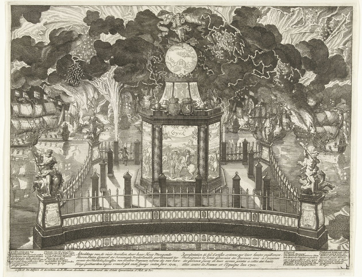 Ohňostroj na Hofvijveru na oslavu vítězství ve Vigu, 1702 Vyobrazení ohňových děl Her Hoog Moogde Heeren Staten General der Vereenigde Neederlanden vysvěcená pro použití Heerlicke úspěchů jiných zbraní kromě od Daniël Marot (I)