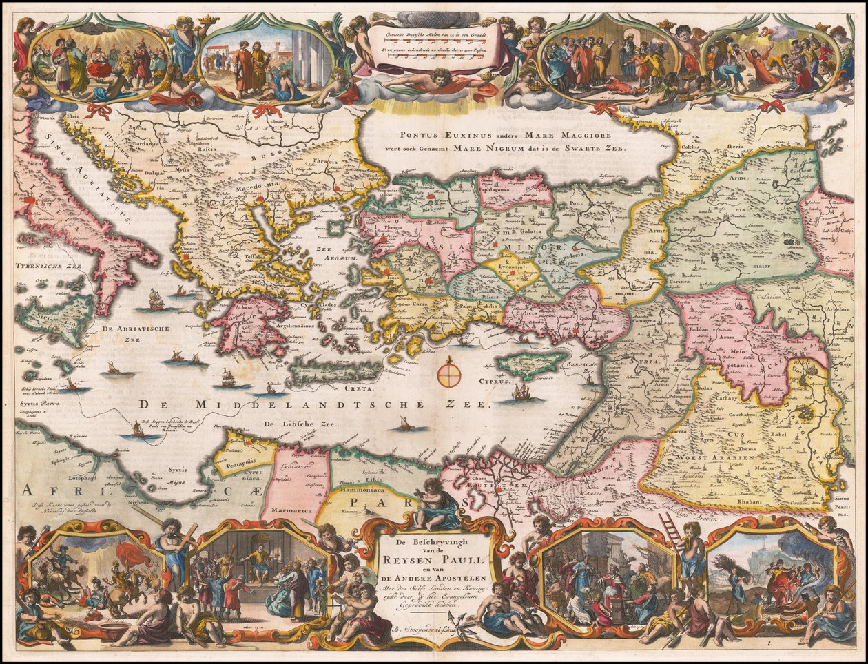 Nizozemská mapa východního Středomoří z roku 1695 zobrazující cesty svatého Pavla od Daniël Stopendaal