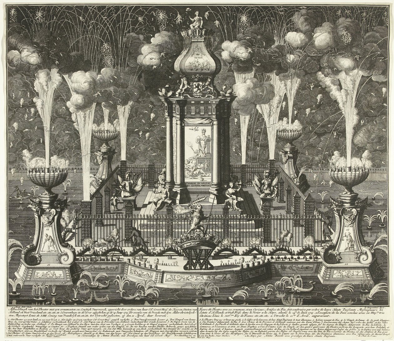 Ohňostroj na oslavě smlouvy z Utrechtu, 1713 Obrázek divadla se synovými ozdobami a ohňostrojem constigh, postavený ordere van Haar Ed. Groot Mog: Heeren Staten van Holland a West Vriesland (...) v Haagu, ve vyver ( od Daniël Stopendaal