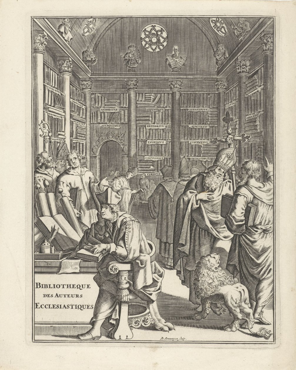 Interiér knihovny s duchovenstvem Titulní strana pro: Bibliotheque des Authors Ecclesiastiques, bez roku od Daniël met de Penningen