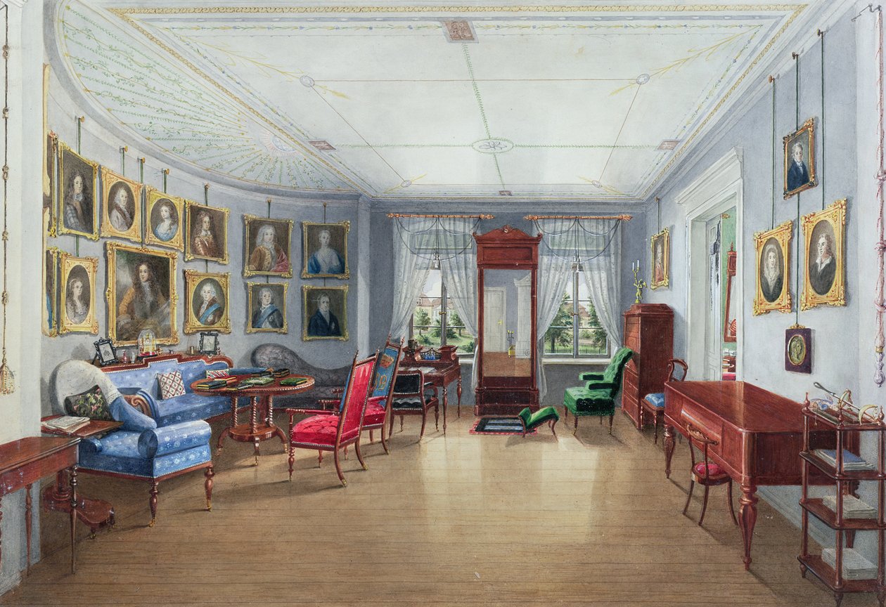 Interiér galerie obrázků přijímacího pokoje, cca 1835 (wc s kvašem na papíře) od Danish School