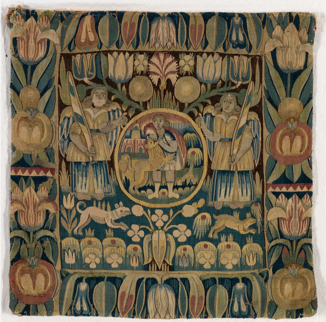 Gobelínový povlak na polštář zobrazující Samsona zabíjejícího lva, vyrobený v Šlesvicku-Holštýnsku, Dánsko, kolem roku 1615 (vlna) od Danish School