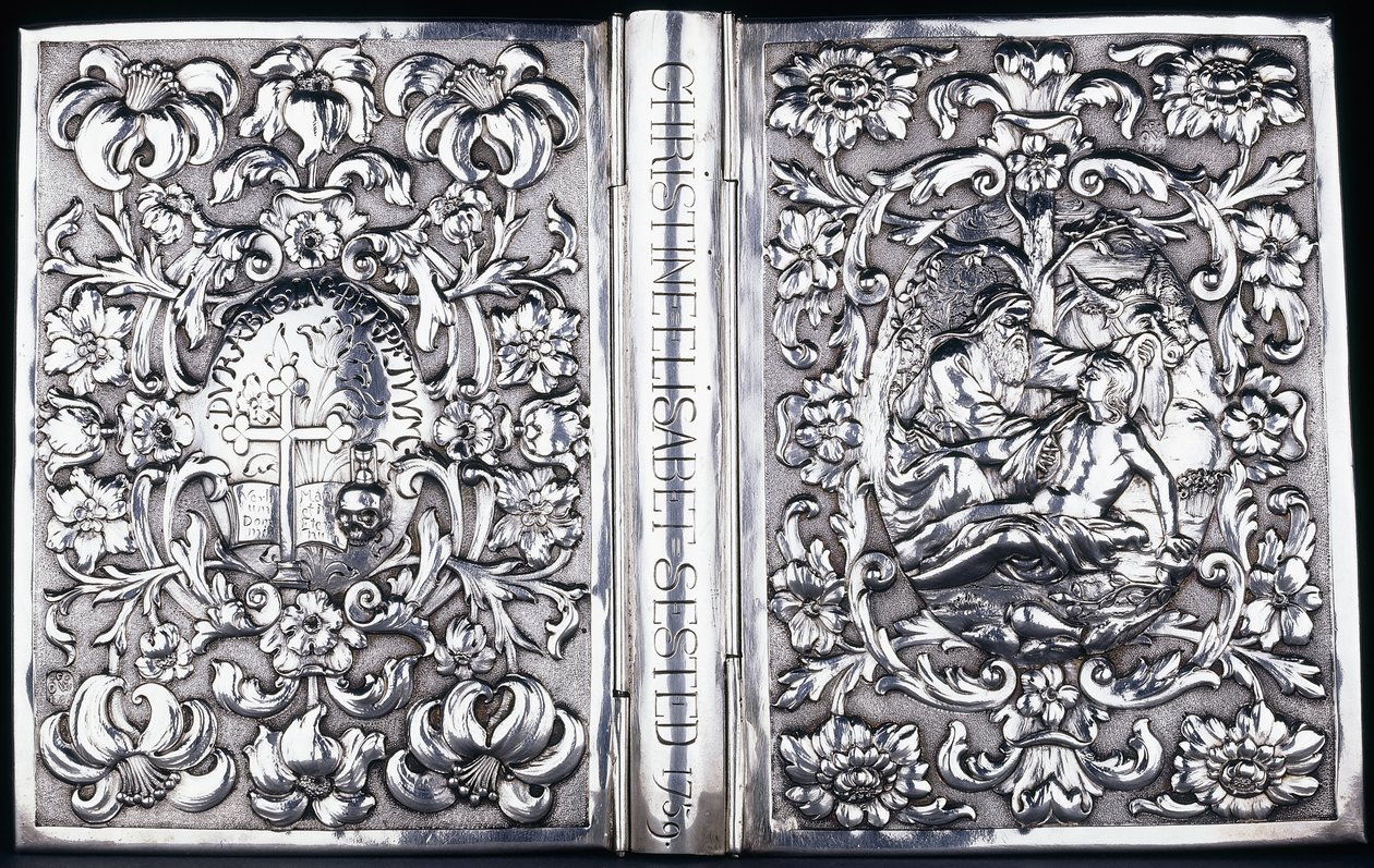 Horní a spodní obálka knihy s listy a obrazem Milosrdného Samaritána, 1740 od Danish School